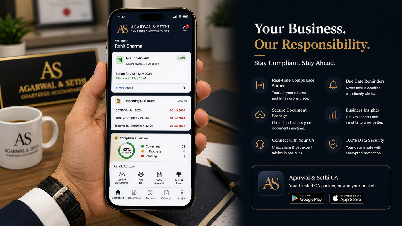 Agarwal & Sethi CA app — phone in hand showing GST overview dashboard, upcoming due dates list (GSTR-3B / TDS / Income Tax), compliance tracker with 82% completion ring, quick actions tray, and Google Play + App Store download badges