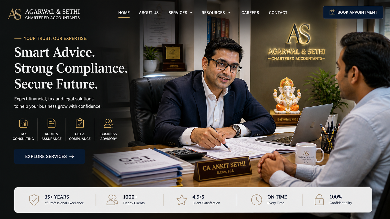 Agarwal & Sethi Chartered Accountants — CA Ankit Sethi at his Noida office in conversation with a client, wood-panelled background, framed ICAI certificates, brass Ganesh, leather-bound law books