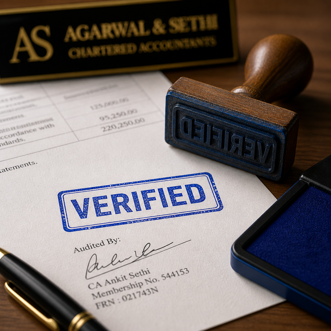Macro close-up of an audited financial statement at Agarwal & Sethi — VERIFIED stamp in deep blue ink, brass nameplate AGARWAL & SETHI CHARTERED ACCOUNTANTS, Audited By signature of CA Ankit Sethi (Membership No. 544153, FRN 021743N), wooden ink pad and fountain pen